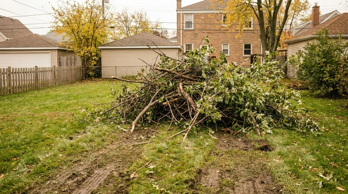 Pile of brush and branches in a Chicago-suburb yard waiting to be sorted and stacked at the curb