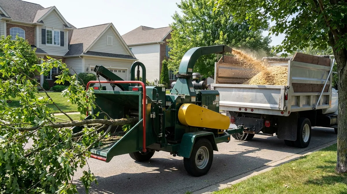 Tree-care crew loading branches into a wood chipper with a dump truck behind on a residential street