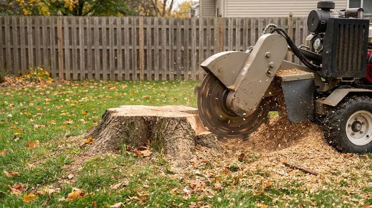 Stump grinder reducing a tree stump to wood chips in a residential yard