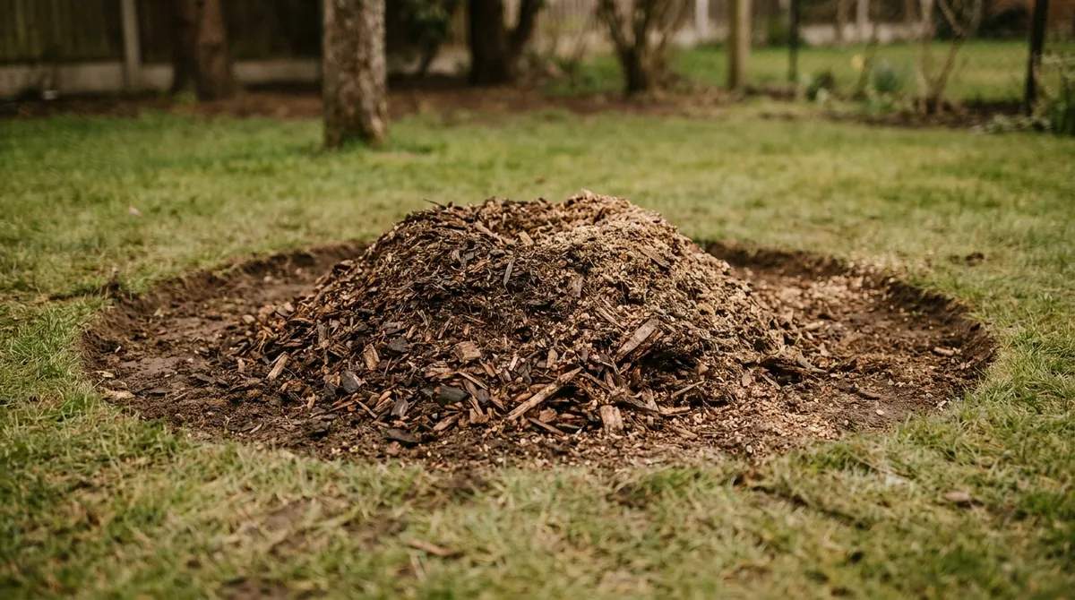 Pile of fresh wood chips in the depression where a stump was just ground out