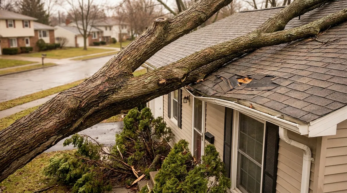 Large tree branch fallen onto the roofline of a Chicago-suburb home after a storm