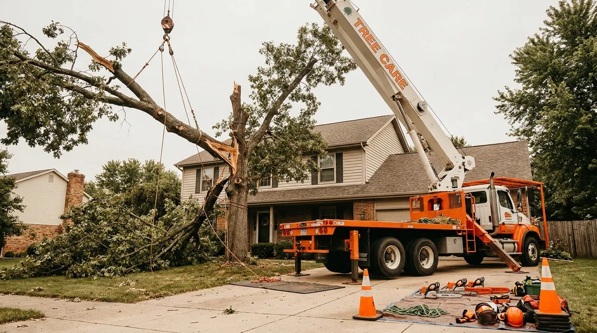 Tree-care crew using rigging and a crane to safely dismantle a storm-damaged tree near a house