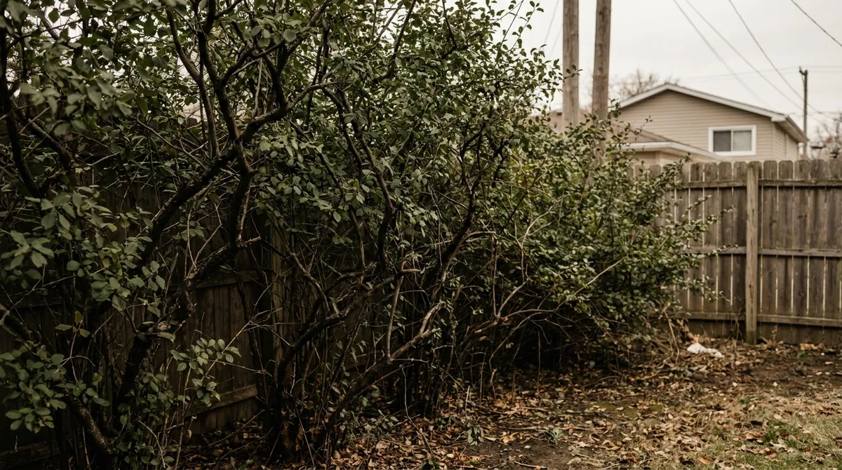 Dense thicket of European buckthorn with tangled stems on a Chicago-suburb residential property