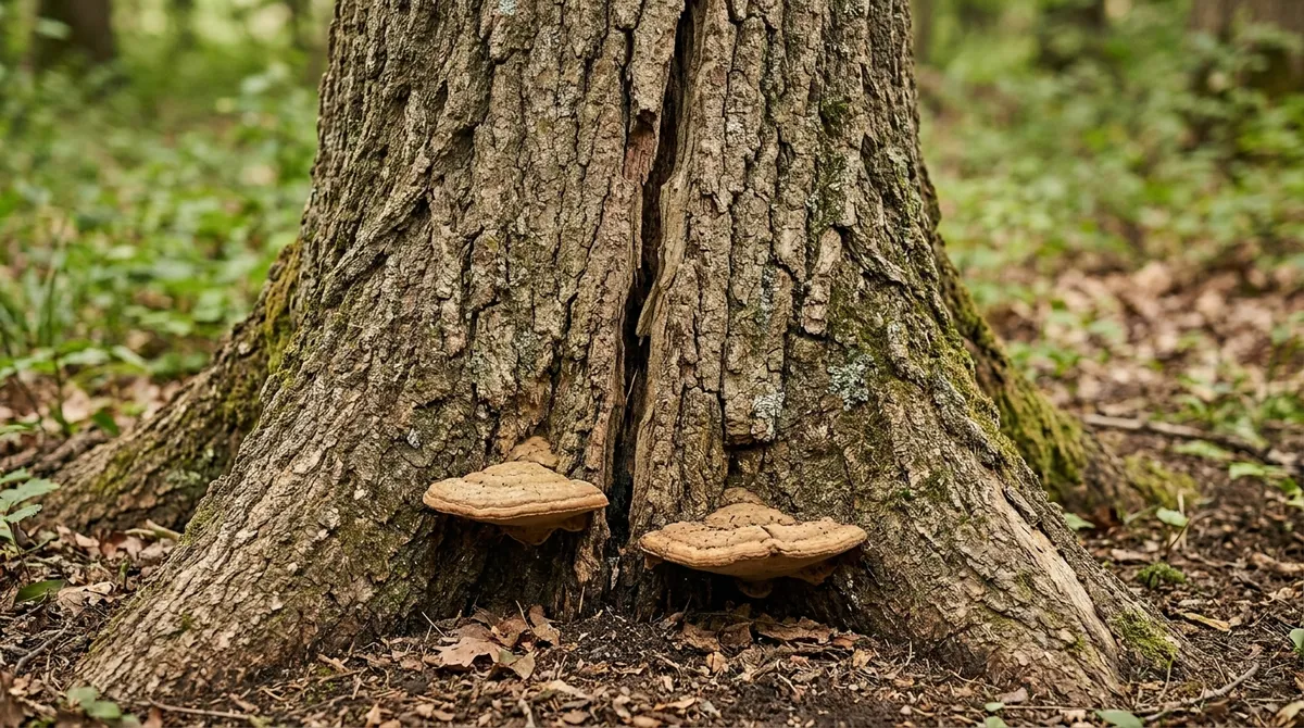 Vertical crack running down the trunk of a mature tree with a fungal conk near the base