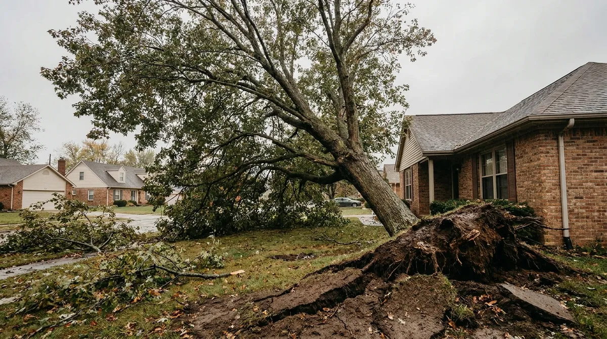 Large tree leaning with cracked soil and partially exposed root plate after a storm