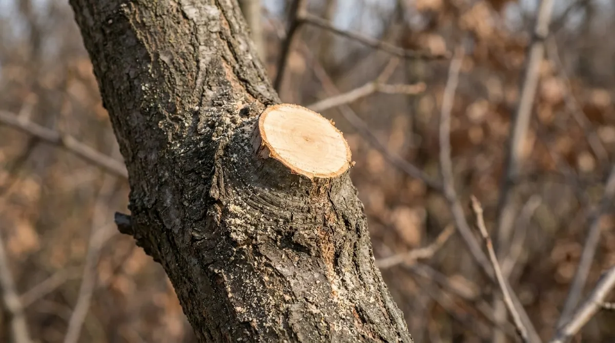 Clean pruning cut placed just outside the branch collar on an oak limb
