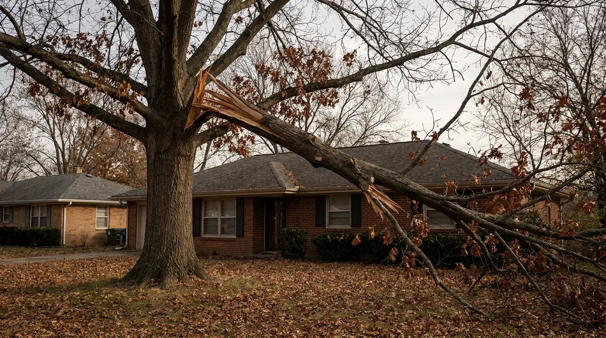 Residential oak with a large cracked, hanging branch over a Chicago-suburb home