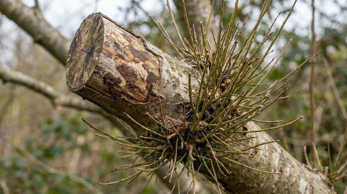 Close-up of weak, broom-like regrowth from topping cuts on a mature tree branch