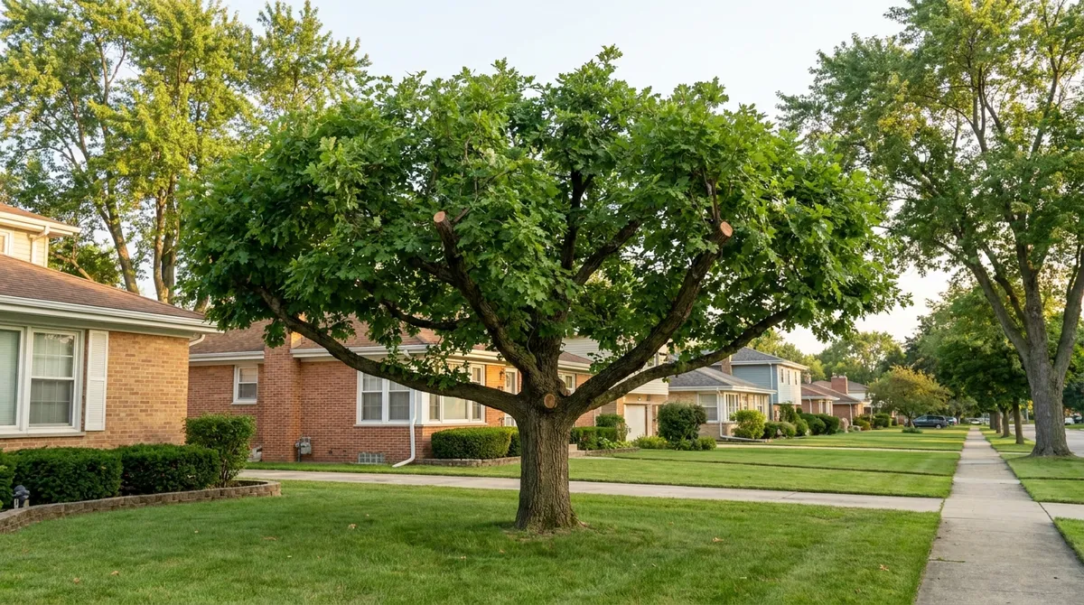 Mature tree with a properly reduced crown showing a natural rounded shape after professional pruning