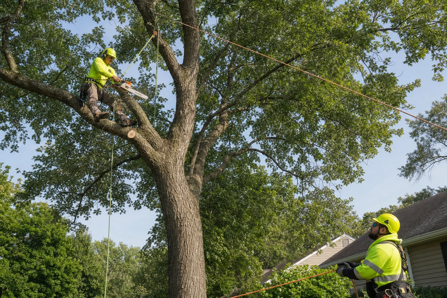 Representative image of two JDS crew members performing selective crown reduction on a mature tree
