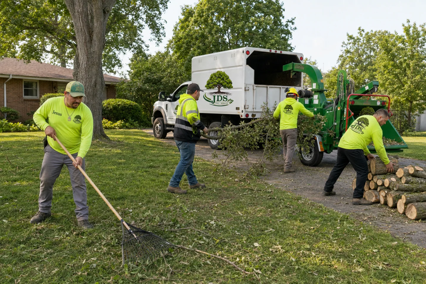 Representative image of Jesus and the JDS crew raking, chipping branches, and stacking cut wood