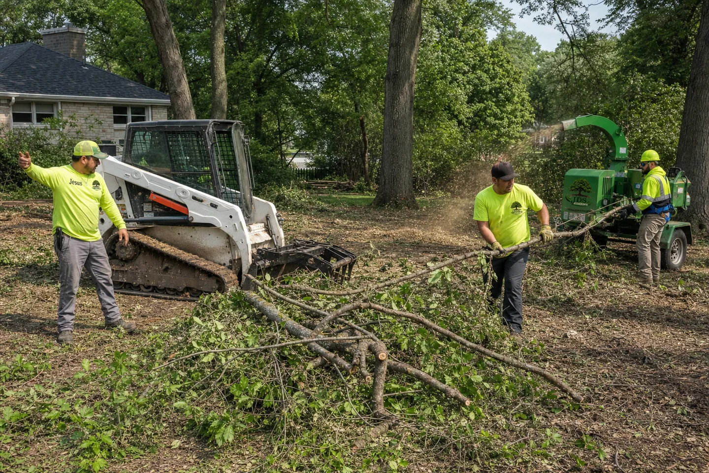 Representative image of the JDS crew clearing brush with a compact loader and chipper