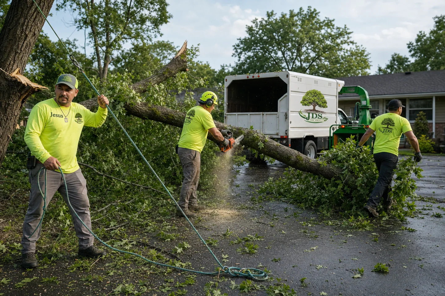 Representative image of Jesus and the JDS crew cutting and removing a storm-broken tree
