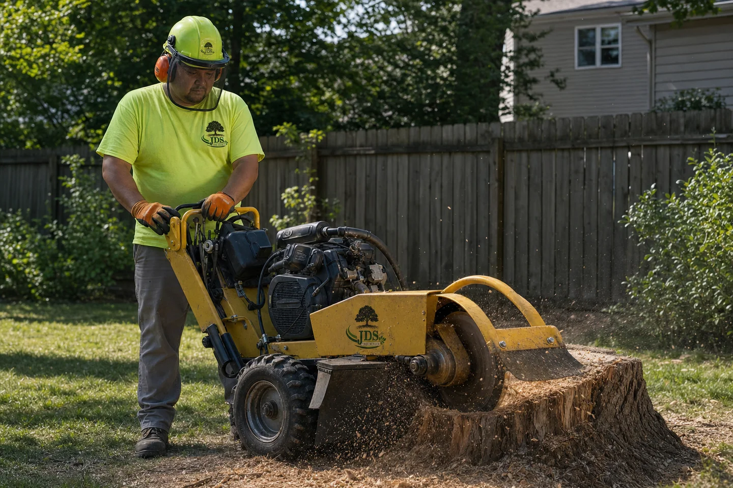 Representative image of a JDS crew member operating a guarded stump grinder in a residential yard