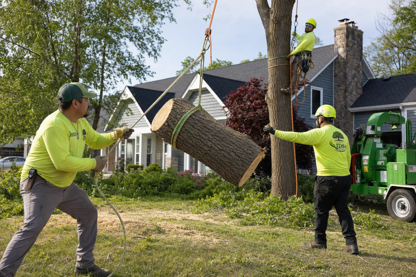 Representative image of the JDS crew controlling a tree section with rigging during a removal