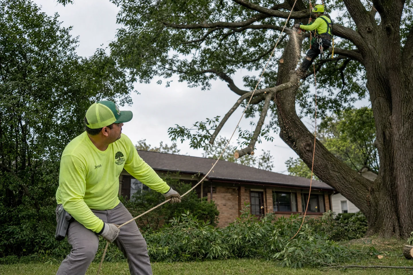 Representative image of Jesus handling a climbing rope while a JDS crew member prunes a mature tree